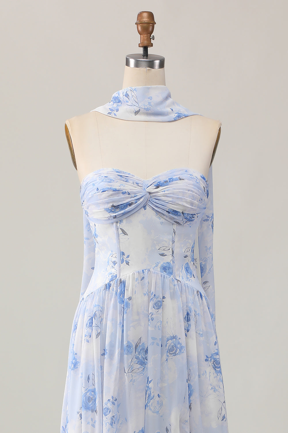 Dusty Rose Floral Corset Neck Scarf Long Wedding Guest Dress with Slit