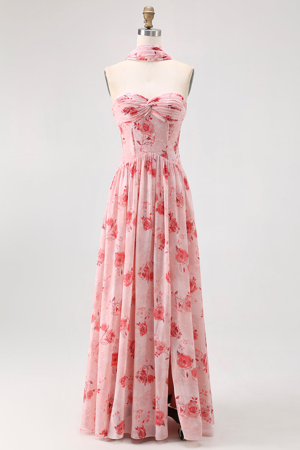 Zapaka Dusty Rose Floral Corset Neck Scarf Long Wedding Guest Dress Chiffon A Line Sweetheart Ruched Bridesmaid Dress with Slit