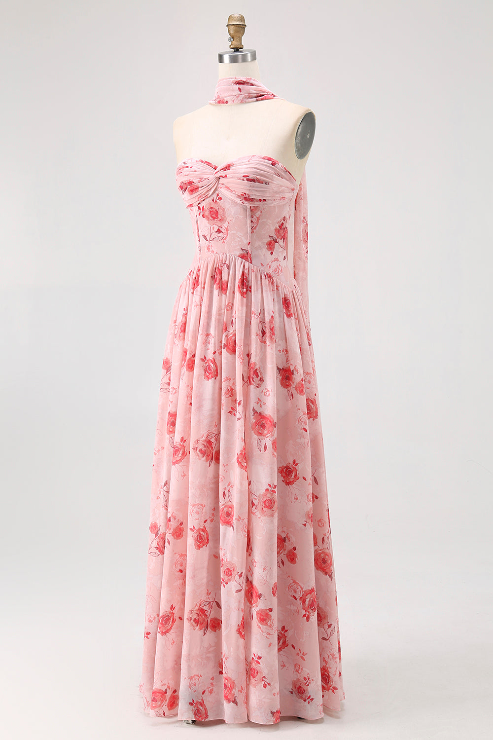 Dusty Rose Floral Corset Neck Scarf Long Wedding Guest Dress with Slit