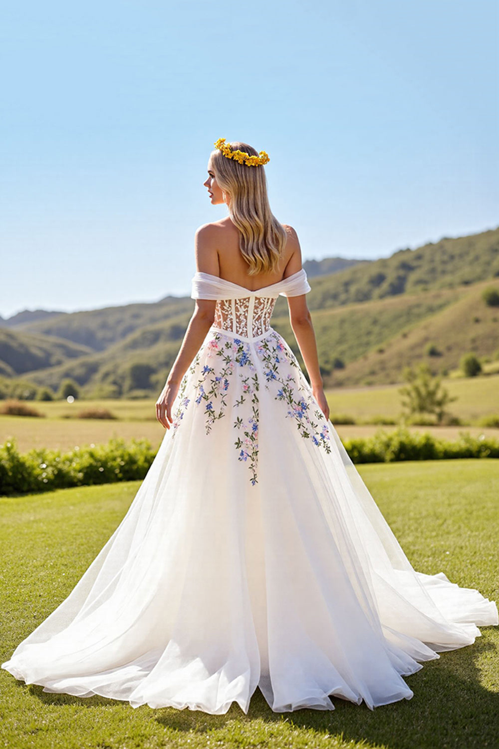 Floral Off The Shoulder Ivory A Line Wedding Dress