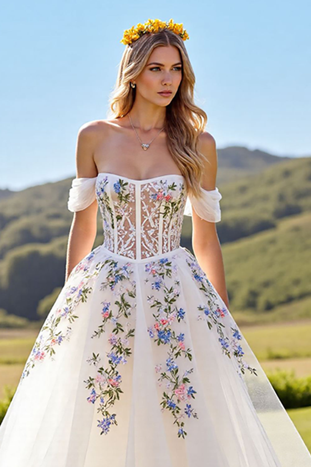 Floral Off The Shoulder Ivory A Line Wedding Dress