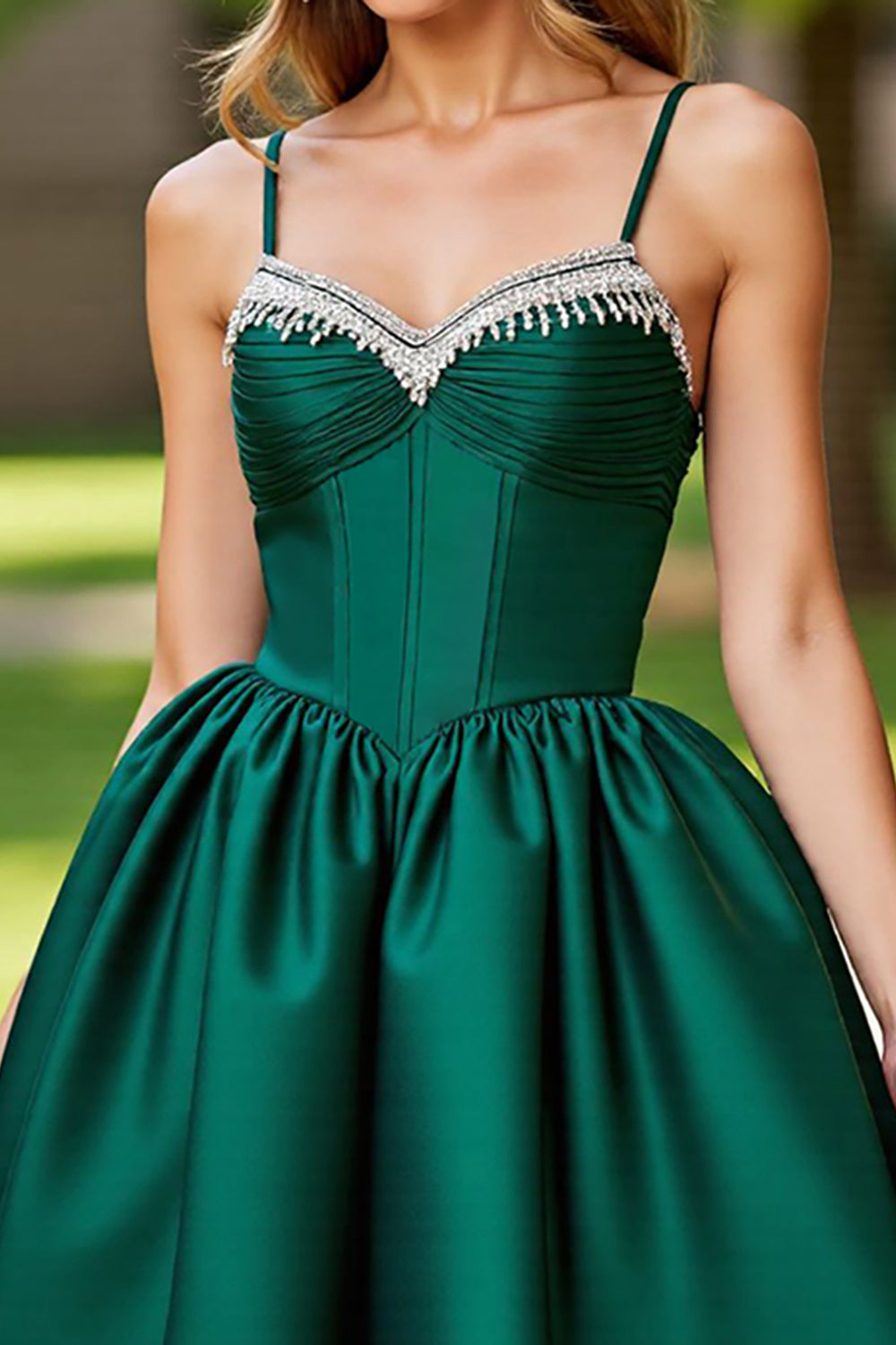 Sparkly Dark Green Corset Satin Short Homecoming Dress with Rhinestones