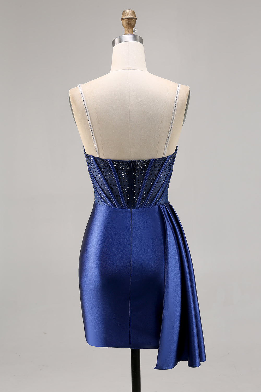 Sparkly Navy Corset Tight Satin Short Homecoming Dress with Beading