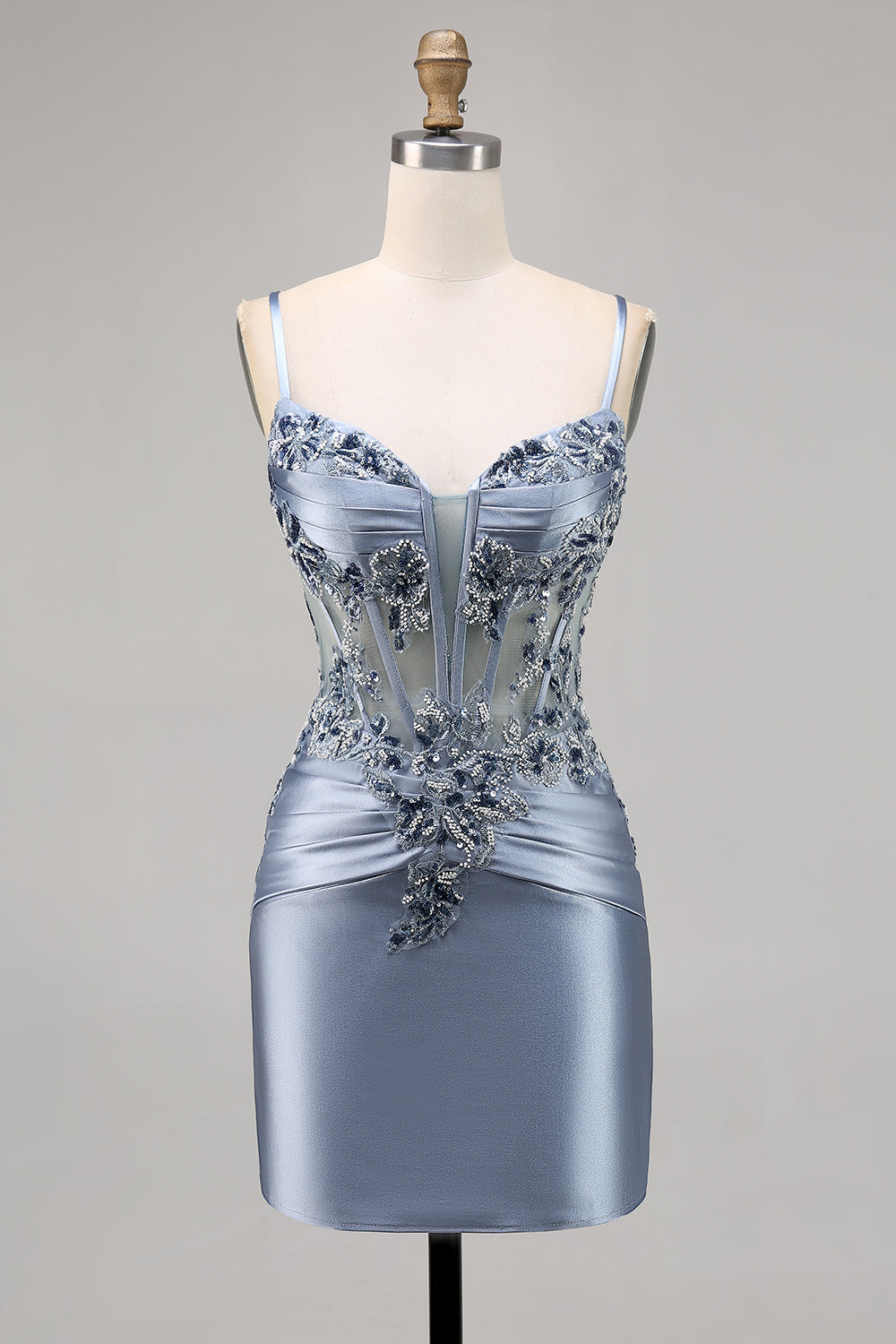 Grey Blue Corset Tight Short Satin Homecoming Dress with Appliques