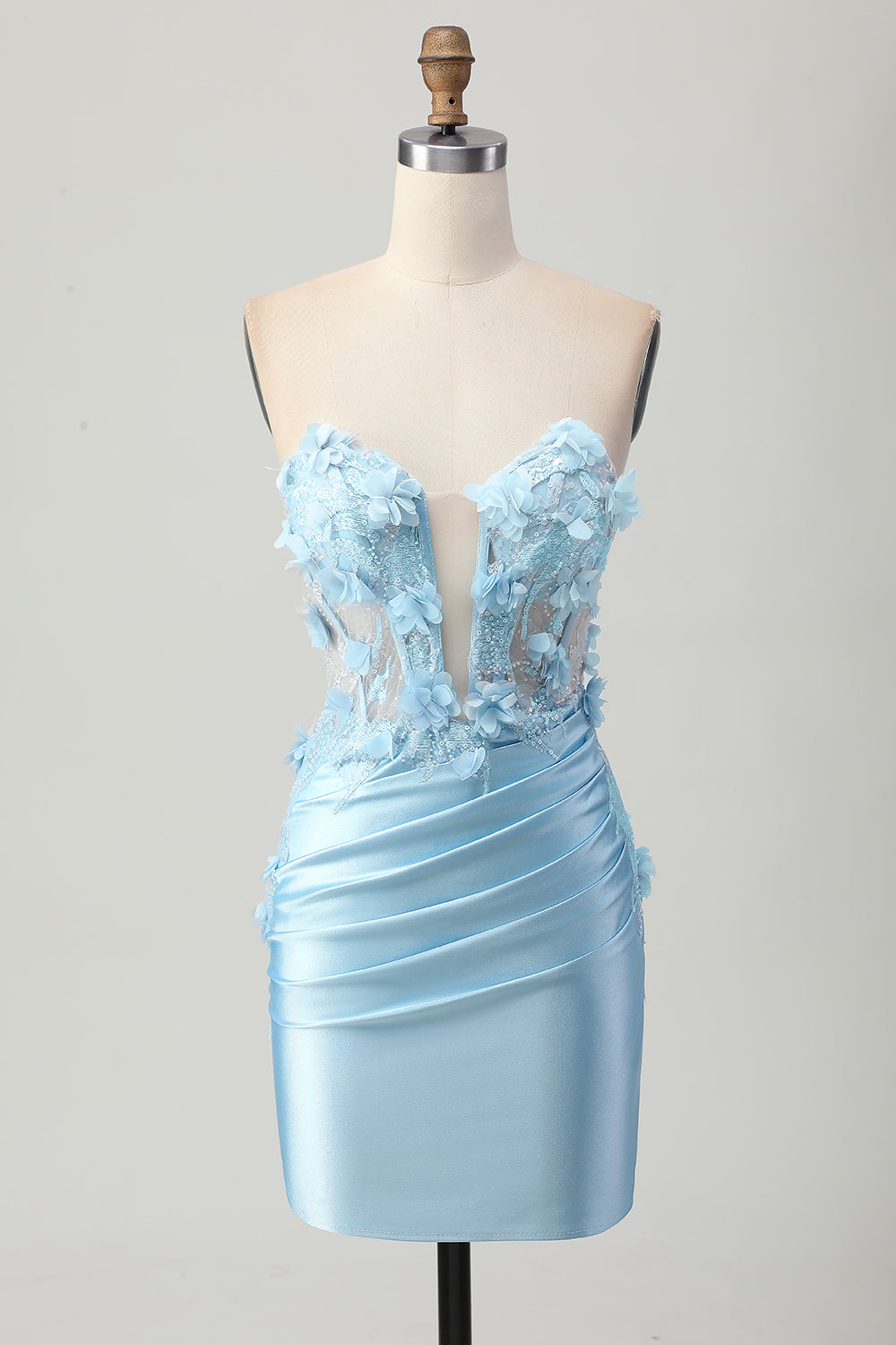 Sky Blue Corset Floral Tight Short Satin Homecoming Dress