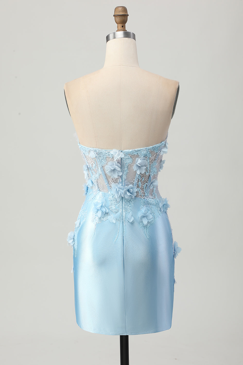 Sky Blue Tight Corset Floral Short Satin Homecoming Dress