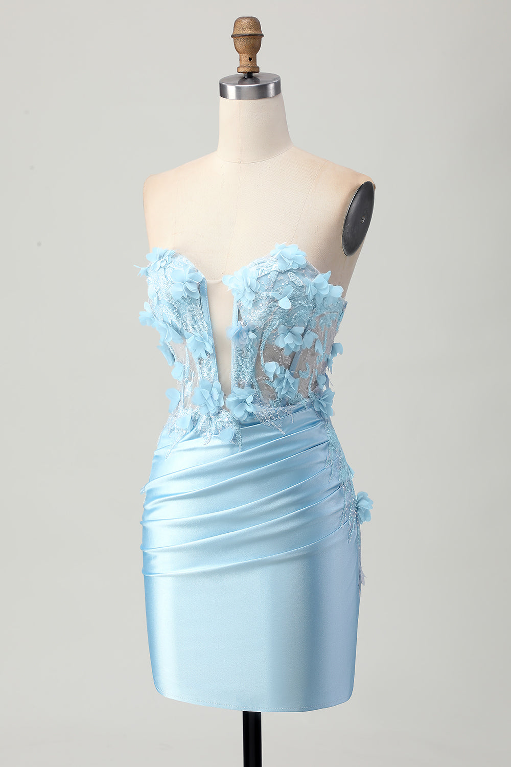 Sky Blue Corset Floral Tight Short Satin Homecoming Dress