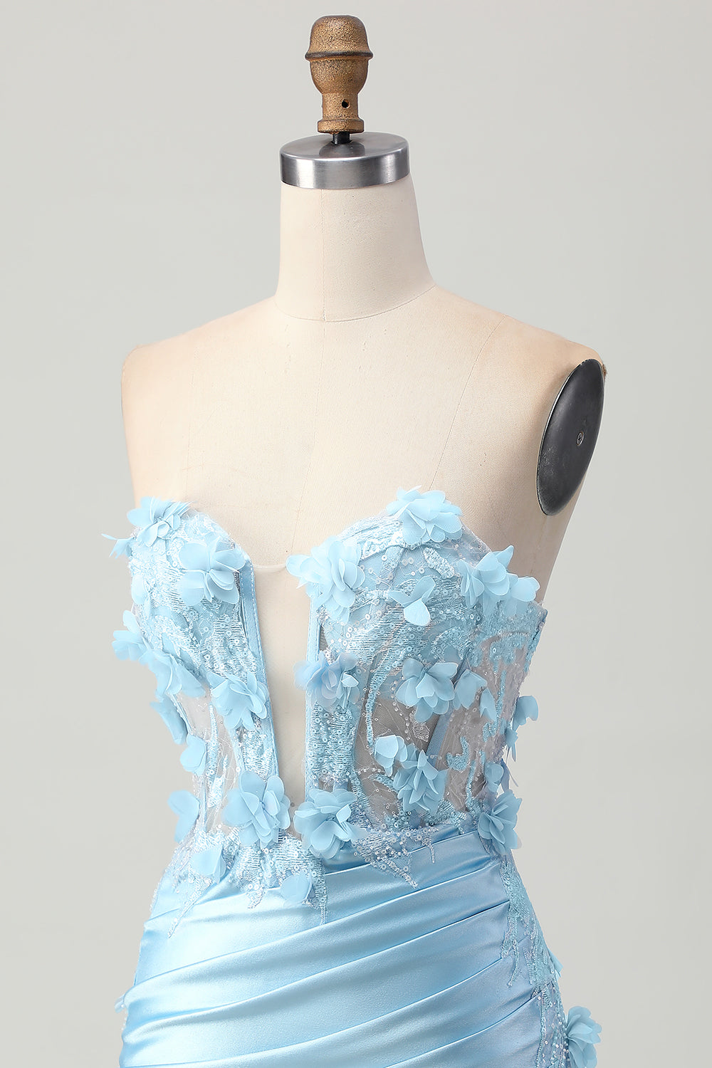 Sky Blue Corset Floral Tight Short Satin Homecoming Dress