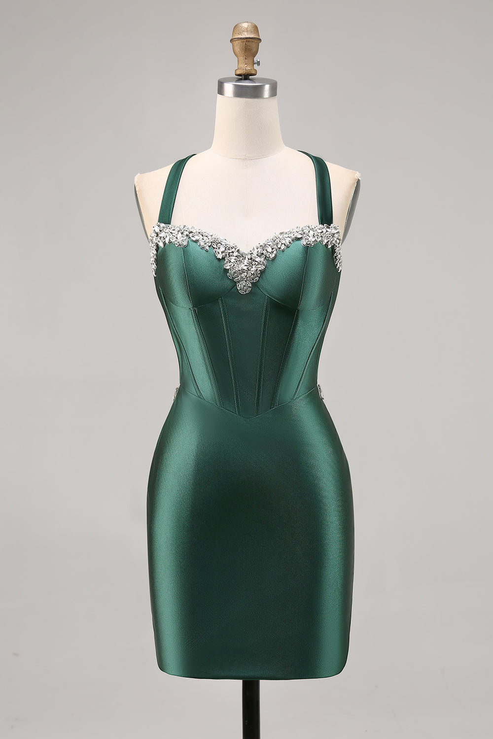 Sparkly Dark Green Corset Tight Satin Short Homecoming Dress with Beading
