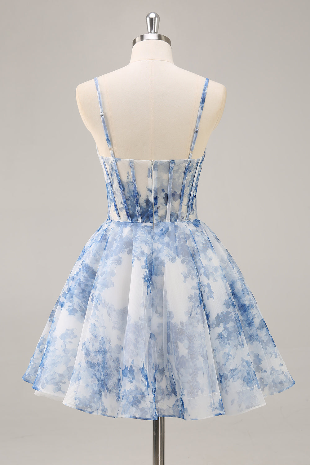 White and Blue Corset Floral A Line Short Homecoming Dress
