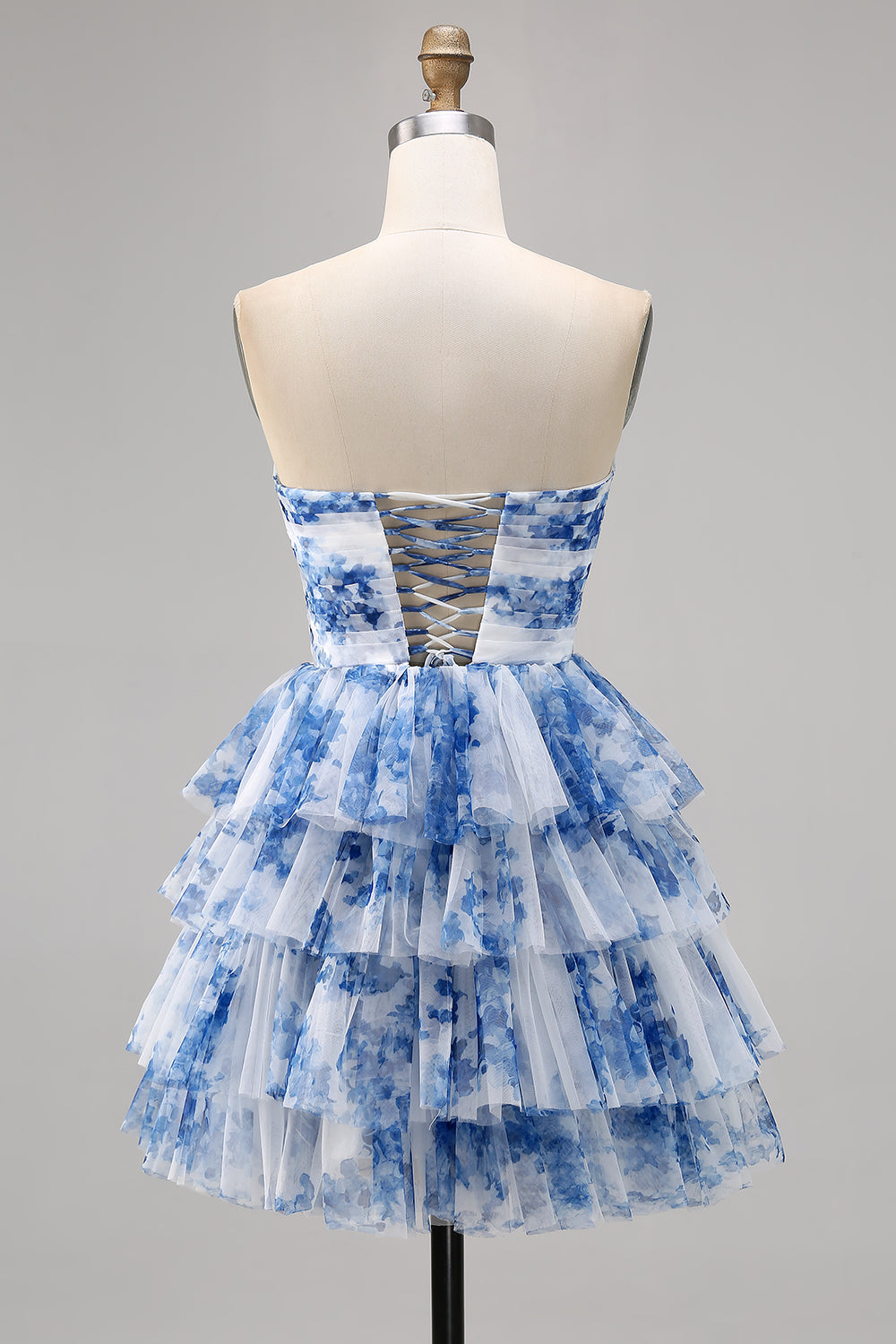 White and Blue Floral Sweetheart Short Homecoming Dress with Ruffles