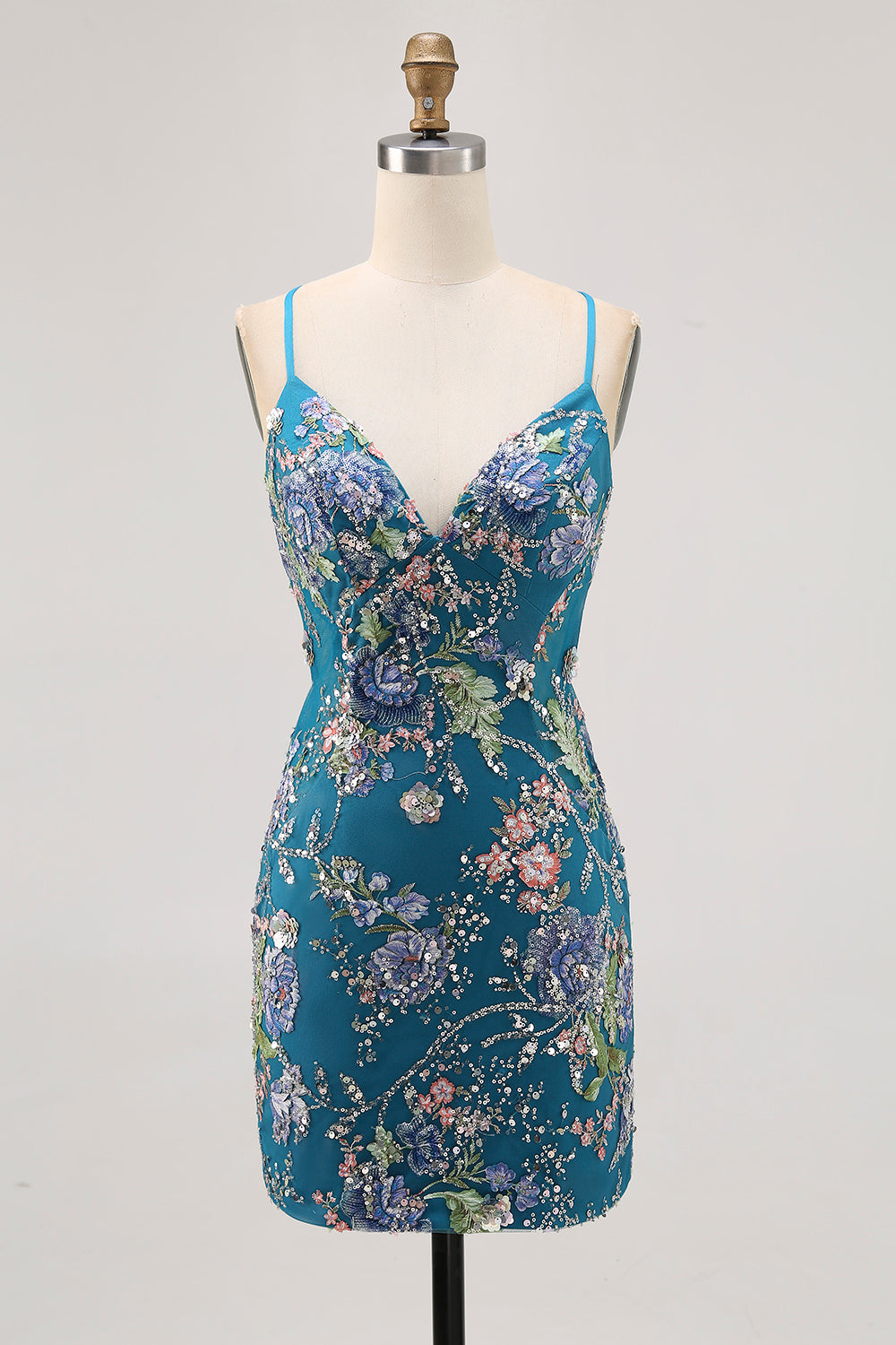 Zapakasa Women Sparkly Peacock Floral Tight Short Homecoming Dress with Sequins Beaded Spaghetti Straps Criss Crossed Back Cocktail Dress