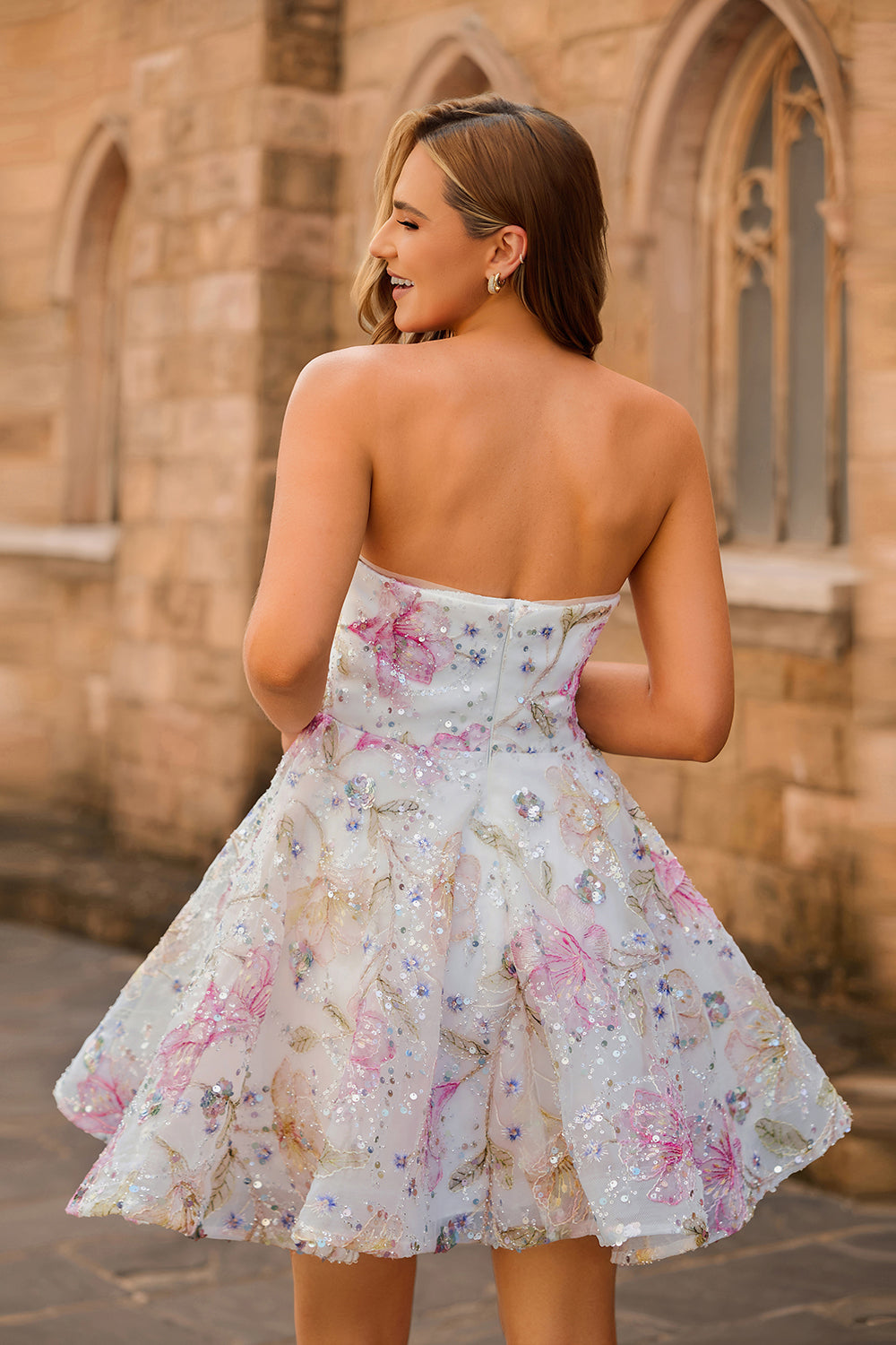 Sparkly Pink Floral A Line Short Homecoming Dress
