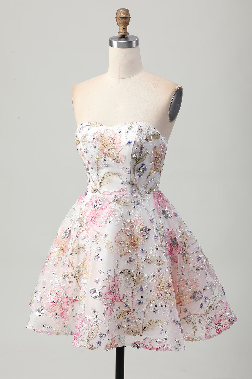 Sparkly Pink Floral A Line Short Homecoming Dress