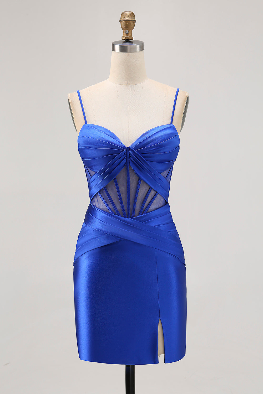 Royal Blue Satin Tight Ruched Corset Short Homecoming Dress with Slit