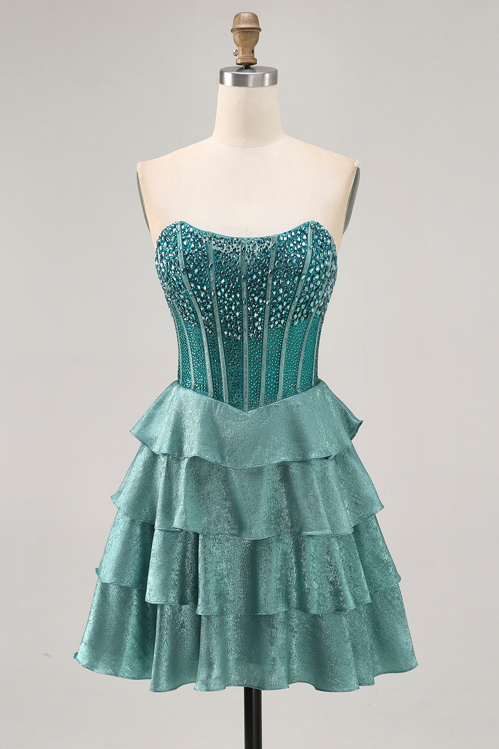Sparkly Peacock Green Corset Tiered Short Strapless Homecoming Dress