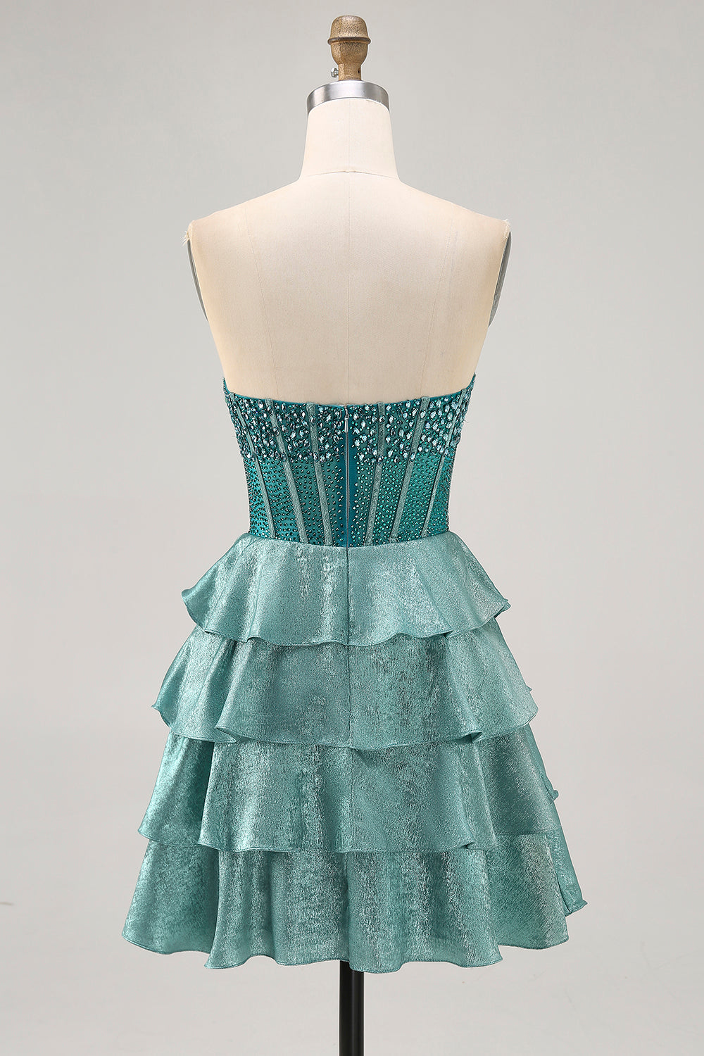 Sparkly Peacock Green Corset Strapless Tiered Short Homecoming Dress