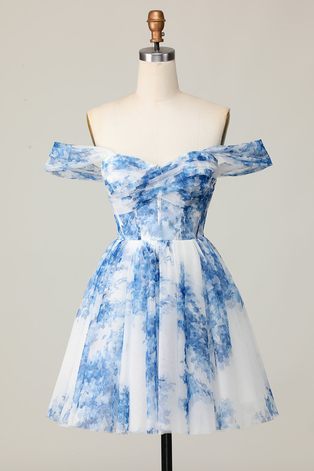 White Blue Flower A Line Off the Shoulder Short Homecoming Dress