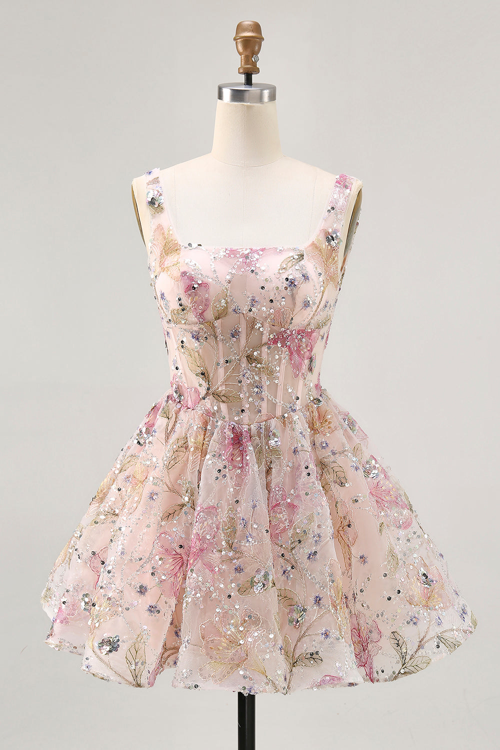Sparkly Pink Floral Corset A Line Short Homecoming Dress with Sequins