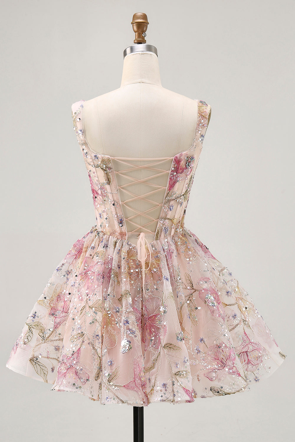 Sparkly Pink Floral Corset A Line Short Homecoming Dress with Sequins