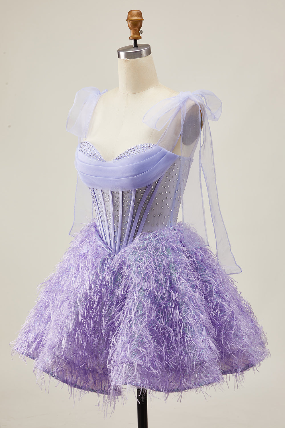 Sparkly Lilac A Line Corset Short Beaded Homecoming Dress with Feathers