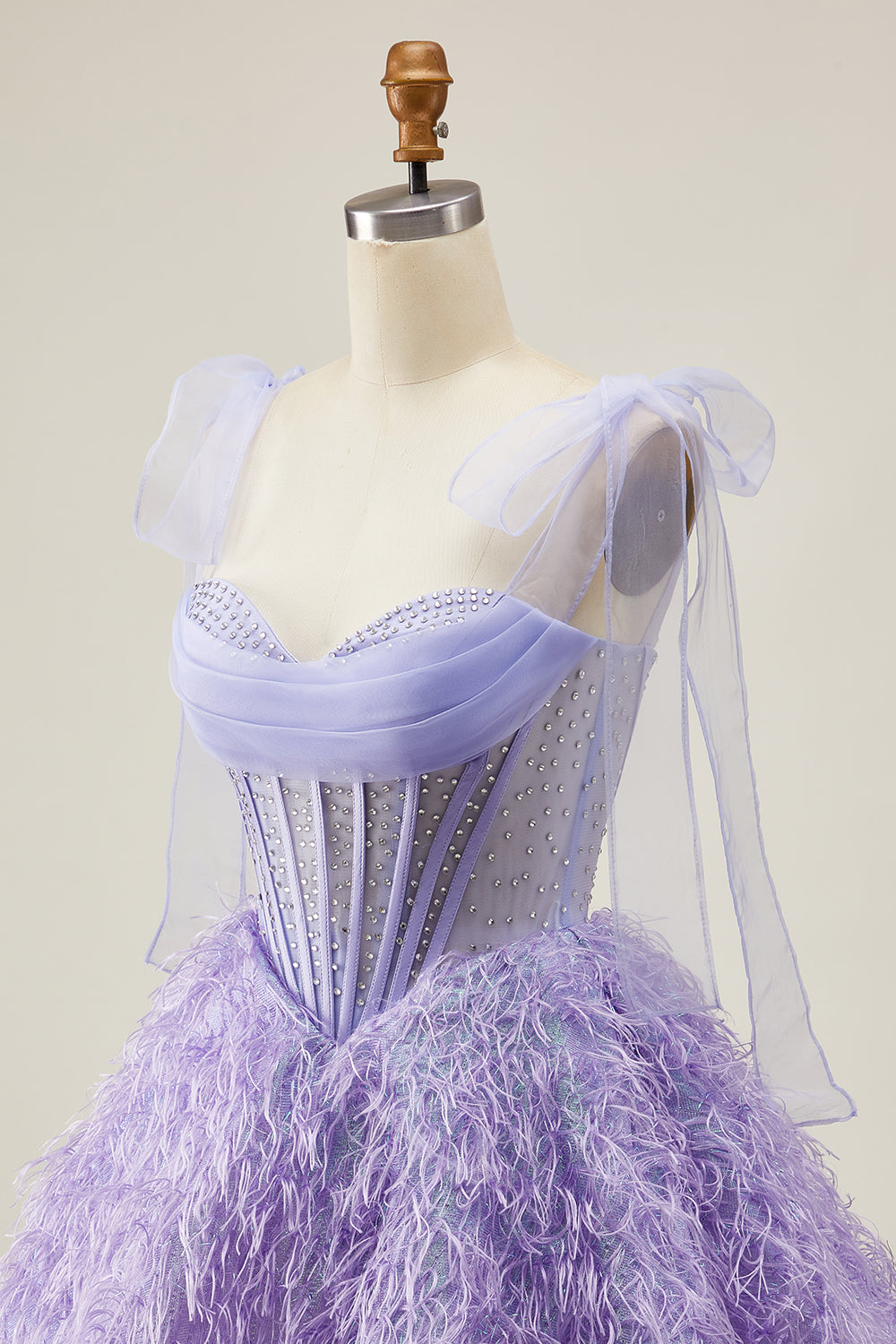 Sparkly Lilac A Line Corset Short Beaded Homecoming Dress with Feathers