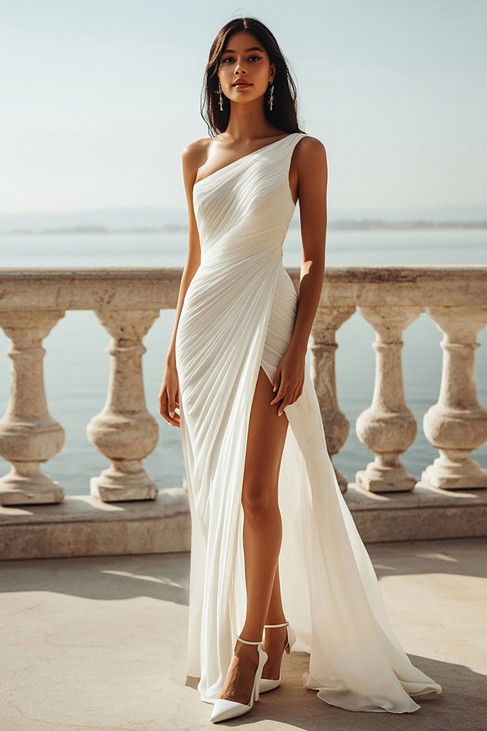 Ivory Ruched One Shoulder Beach Maxi Rehearsal Dinner Dress with Slit