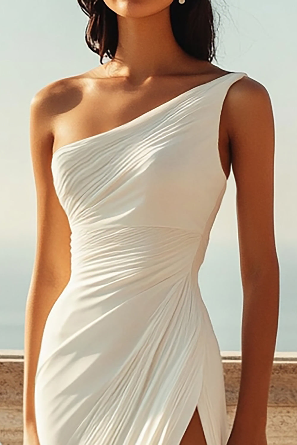Ivory One Shoulder Chiffon Maxi Ruched Rehearsal Dinner Dress with Slit