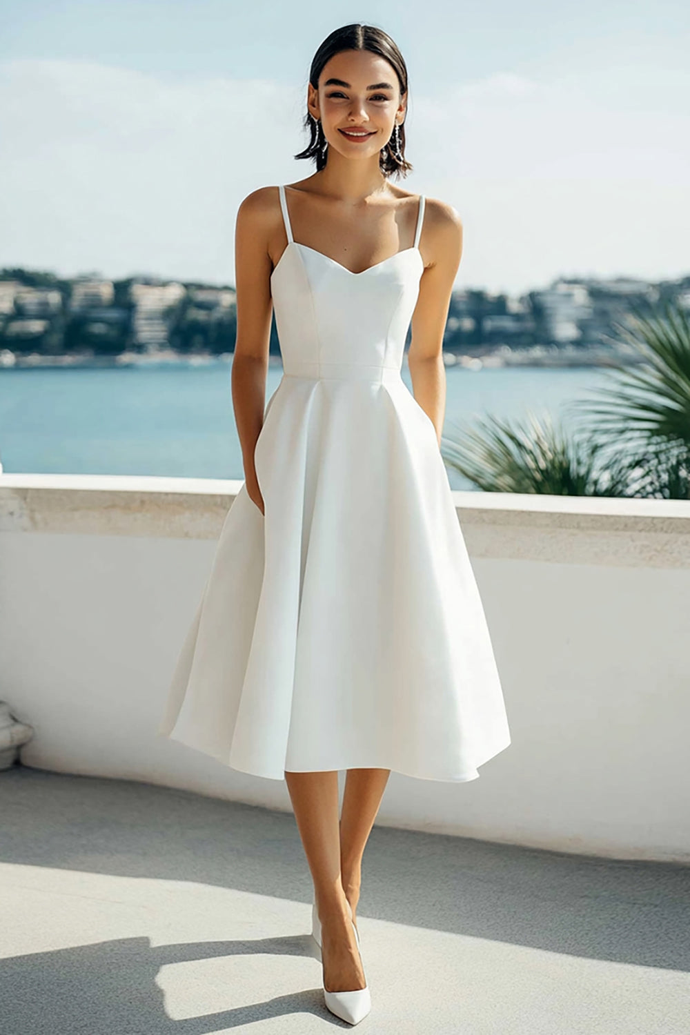 Satin Simple Spaghetti Straps A Line Ivory Midi Bridal Shower Dress