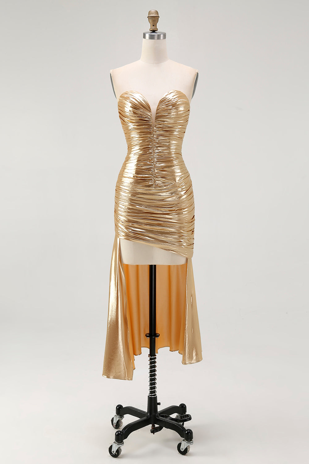 Sparkly Gold Sweetheart Metallic Ruched High-Low Cocktail Homecoming Dress