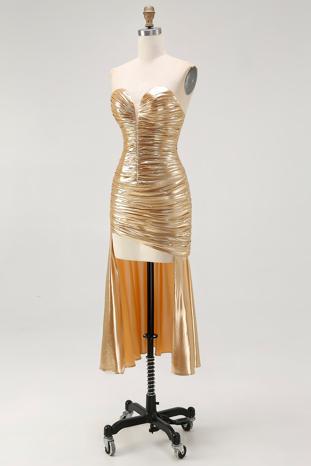 Sparkly Gold Sweetheart Metallic Ruched High-Low Cocktail Homecoming Dress