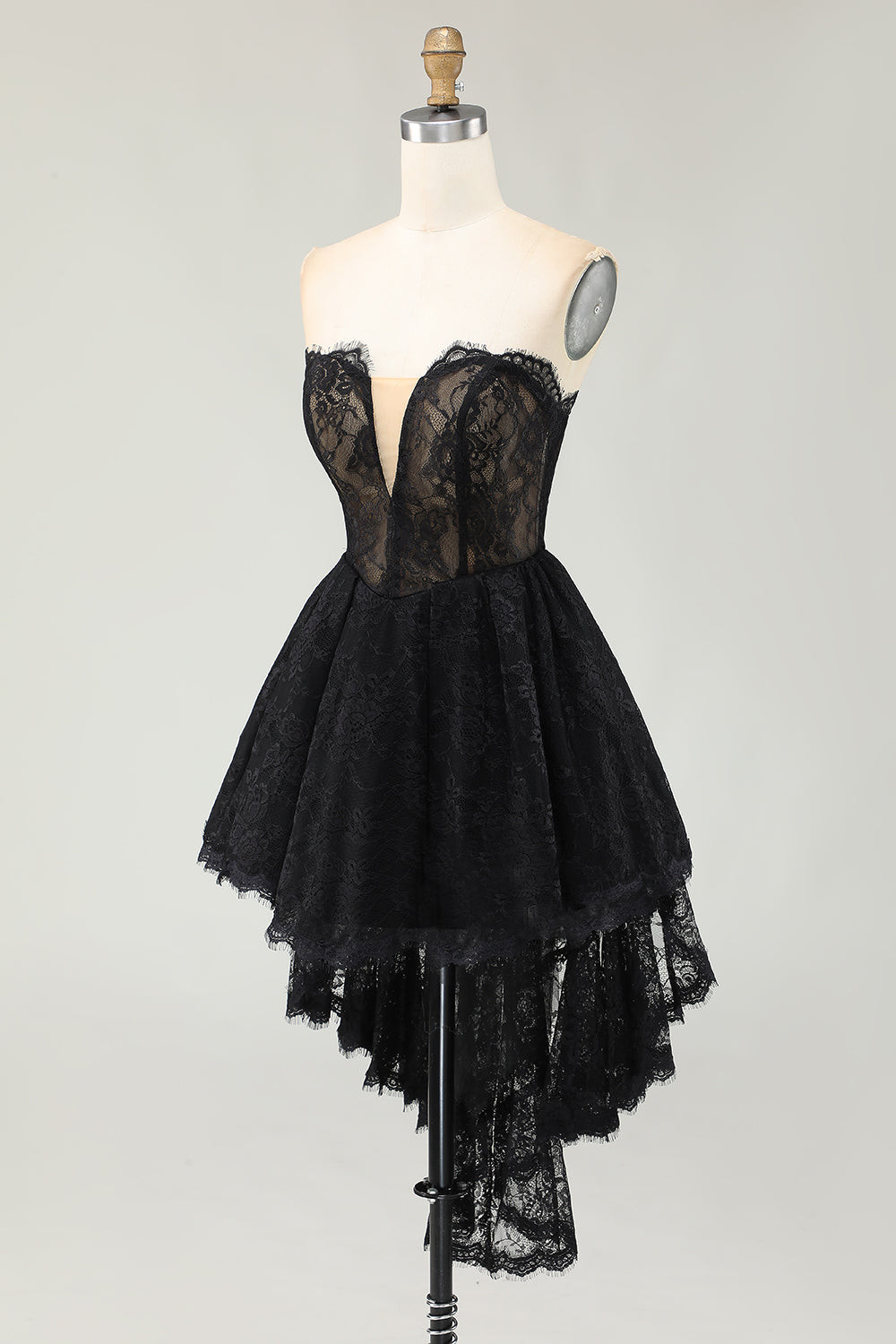 Black Lace A Line Sweetheart High-Low Homecoming Dress with Ruffles