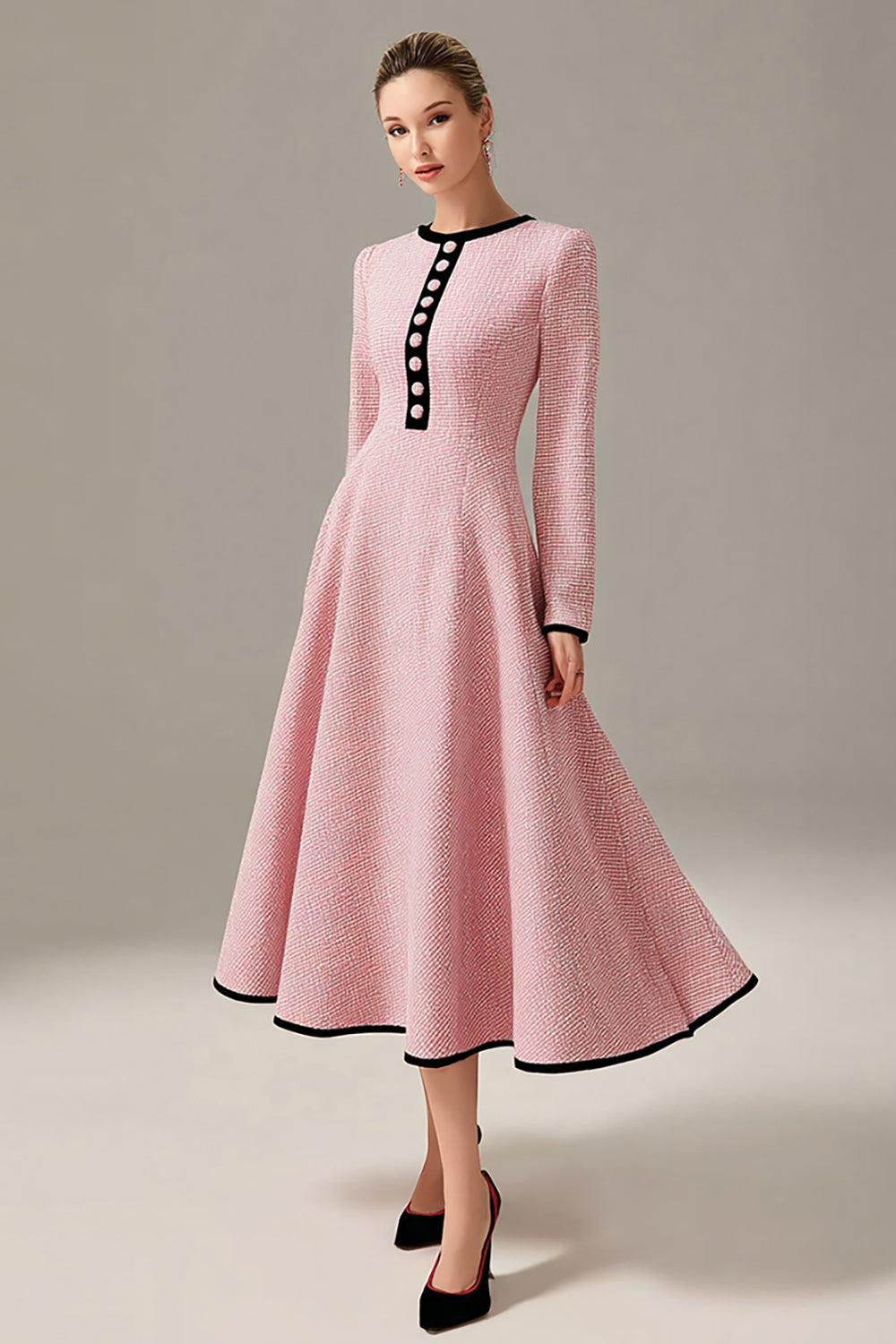 Pink Tweed A Line Long Sleeves Midi Homecoming Outfits with Buttons