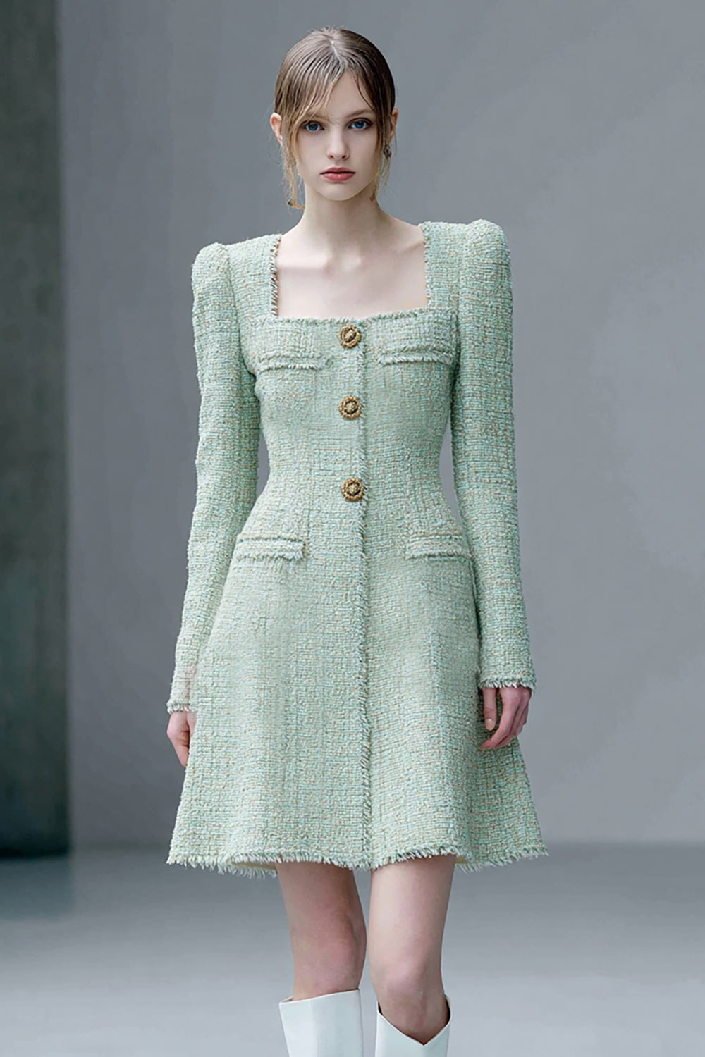 Mint Green Tweed A Line Short Homecoming Dress with Sleeves