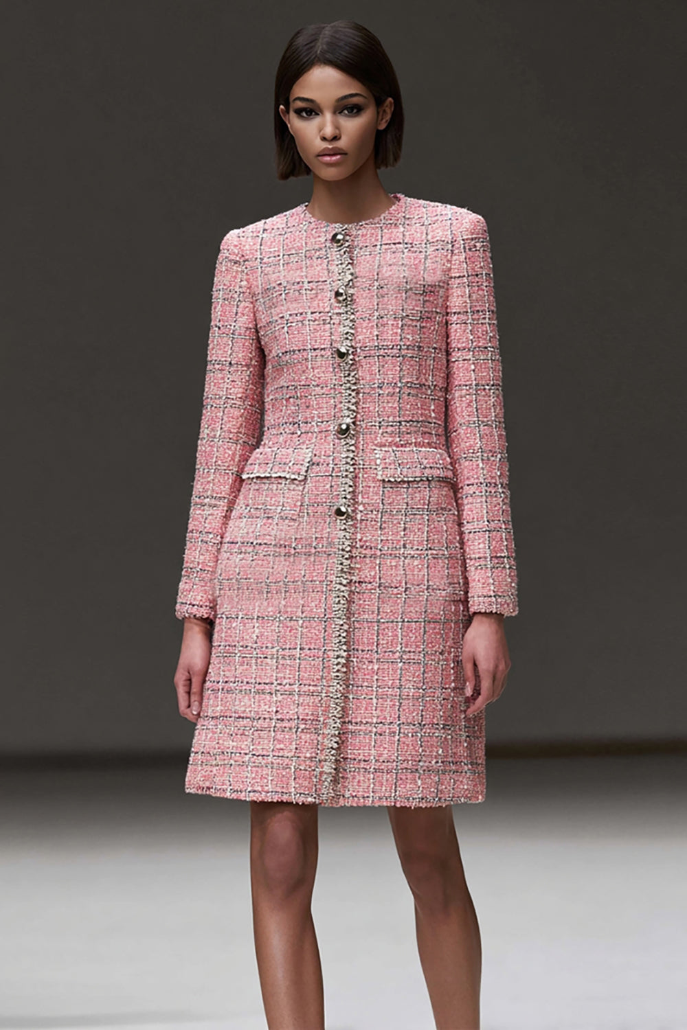 Pink Plaid Tight Tweed Short Homecoming Dress with Sleeves