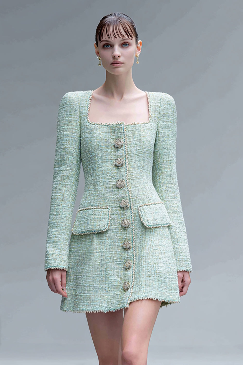 Mint Green Tweed Tight Square Neck Short Homecoming Dress