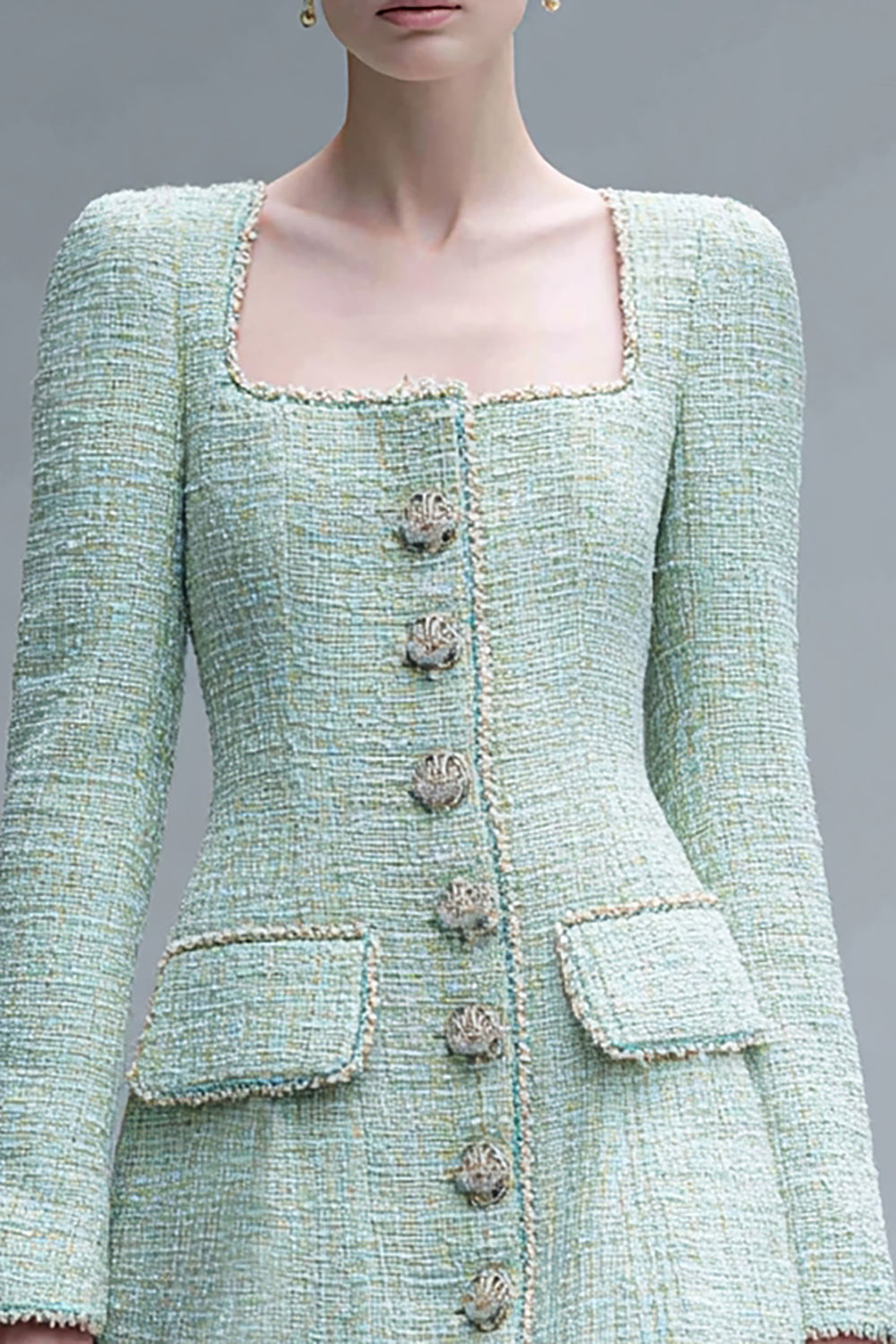 Mint Green Tweed Tight Square Neck Short Homecoming Dress