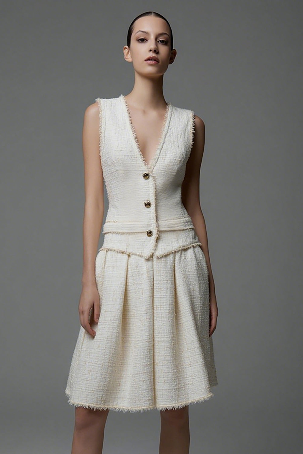 Ivory 2 Piece Tweed Short Homecoming Outfits with Buttons