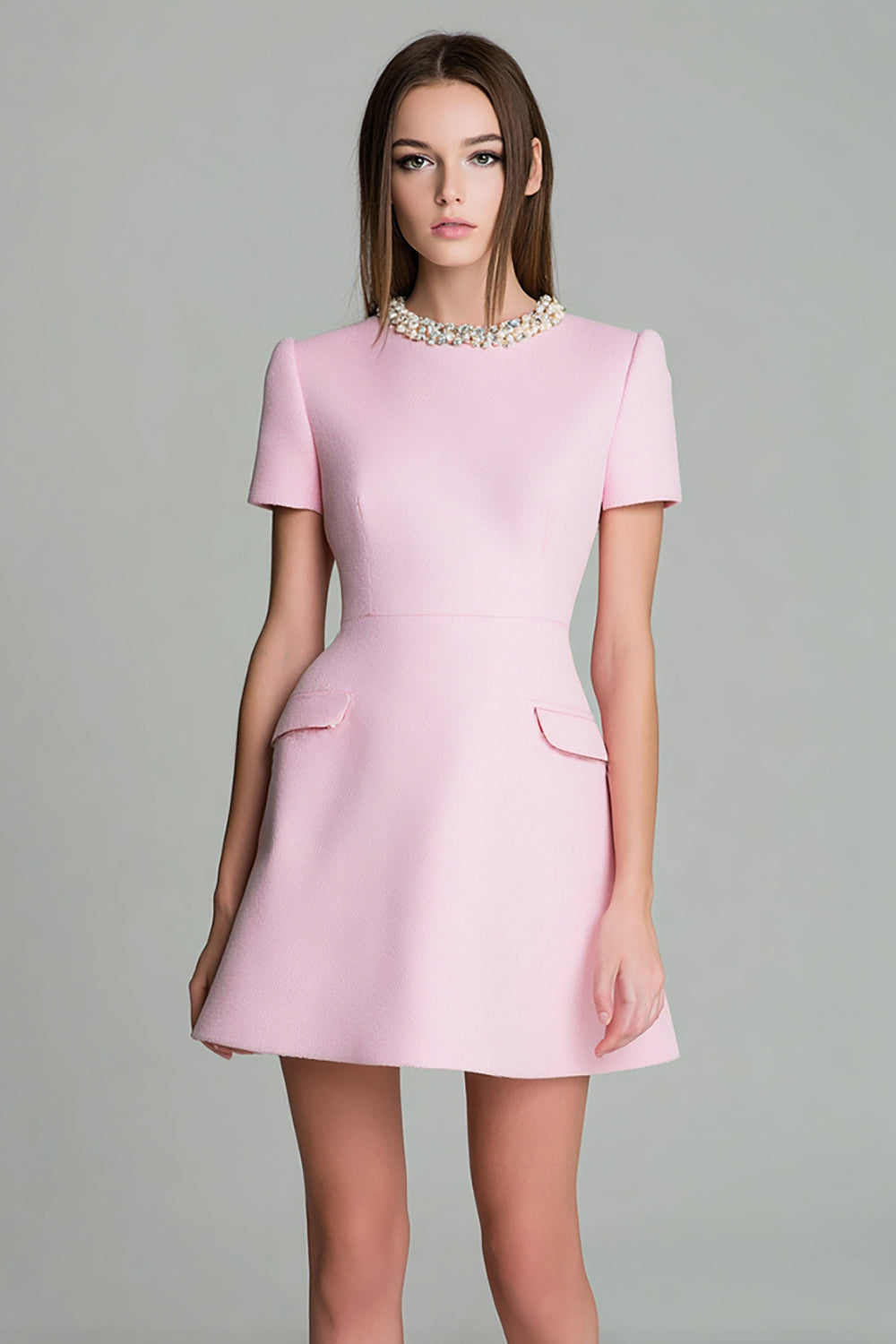 Pink Round Neck A Line Short Sleeves Homecoming Dress with Pearls