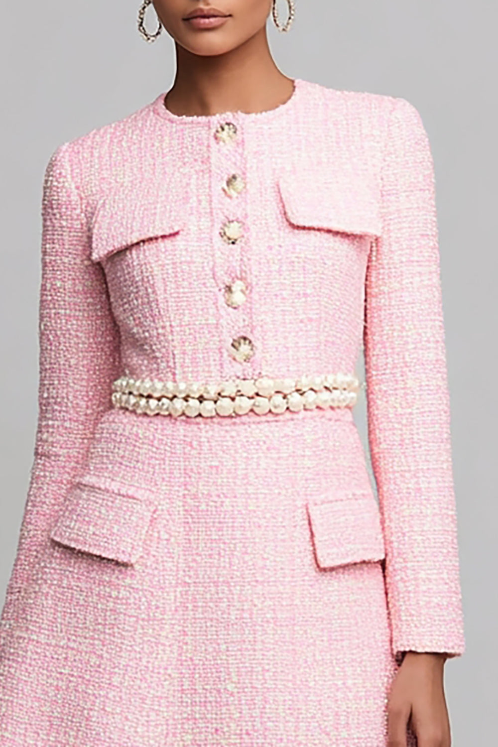 Pink Tweed A Line Long Sleeves Short Homecoming Dress with Pearls