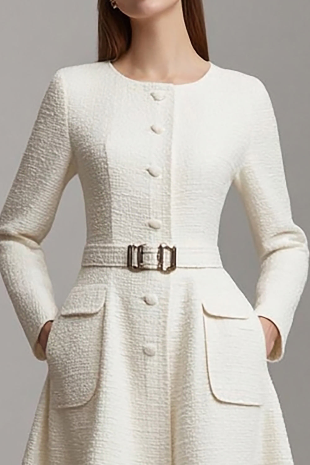 Ivory Tweed A Line Boat Neck Midi Homecoming Outfits with Belts