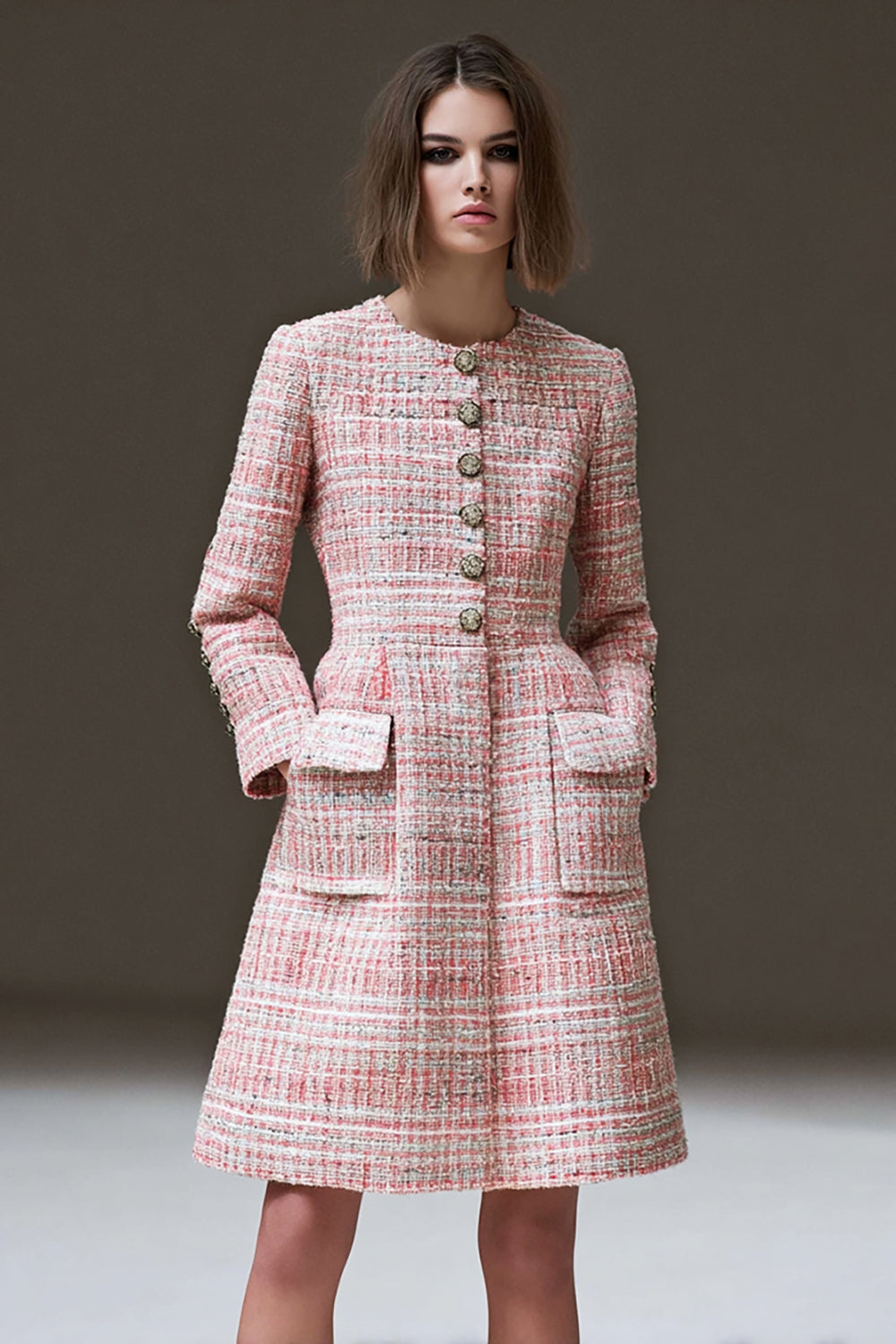 Pink Plaid A Line Tweed Short Homecoming Dress with Sleeves