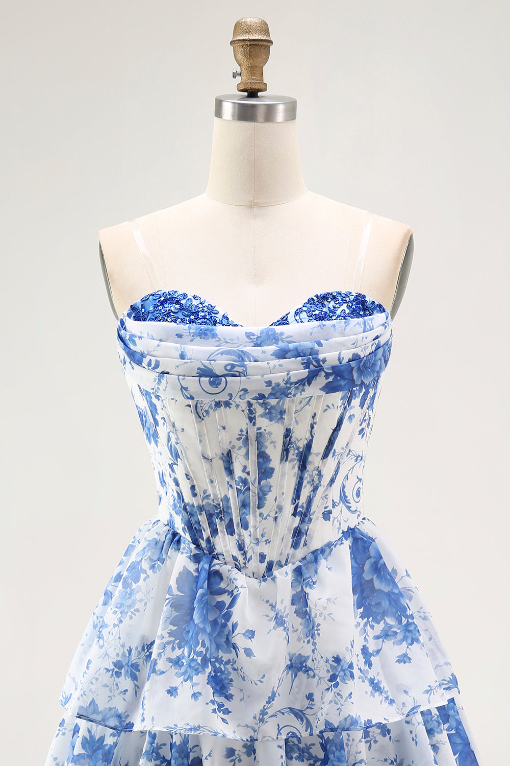 White Blue Floral A Line Corset Short Homecoming Dress with Ruffles