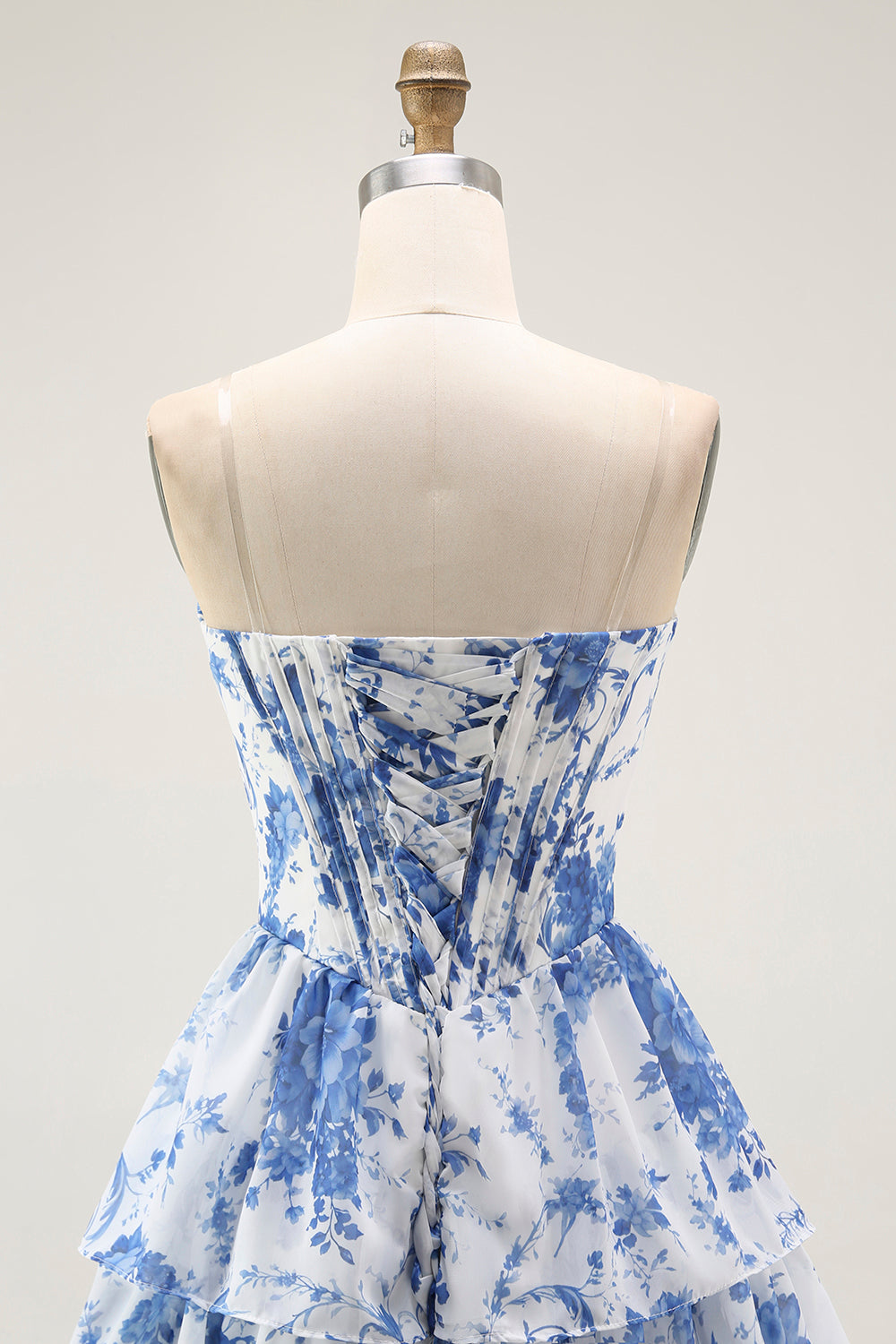 White Blue Floral A Line Corset Short Homecoming Dress with Ruffles