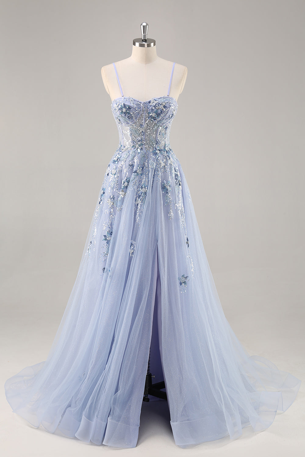 Blue Strapless A Line Sequins Tulle Corset Long Prom Dress With Slit