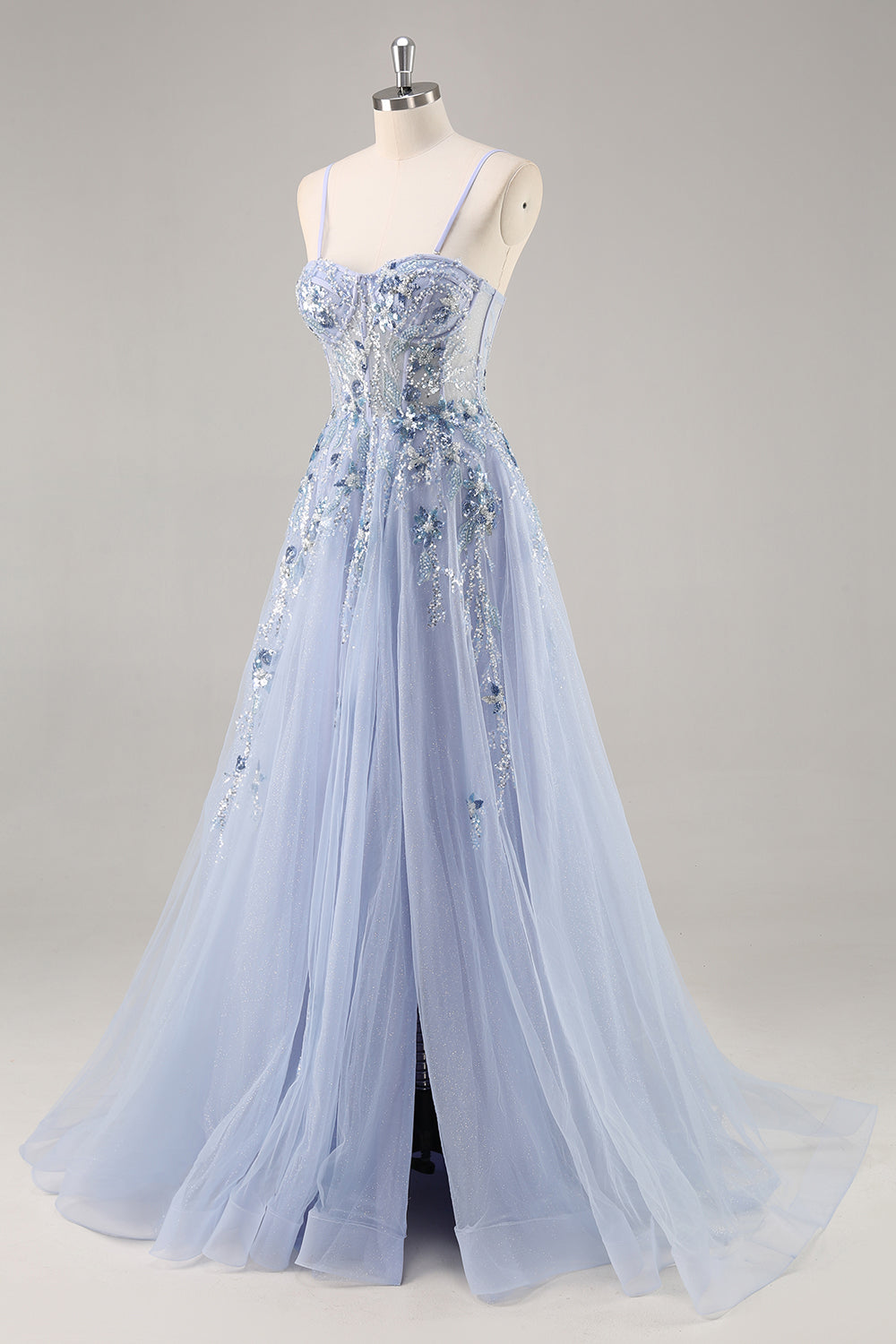 Blue Strapless A Line Sequins Tulle Corset Long Prom Dress With Slit