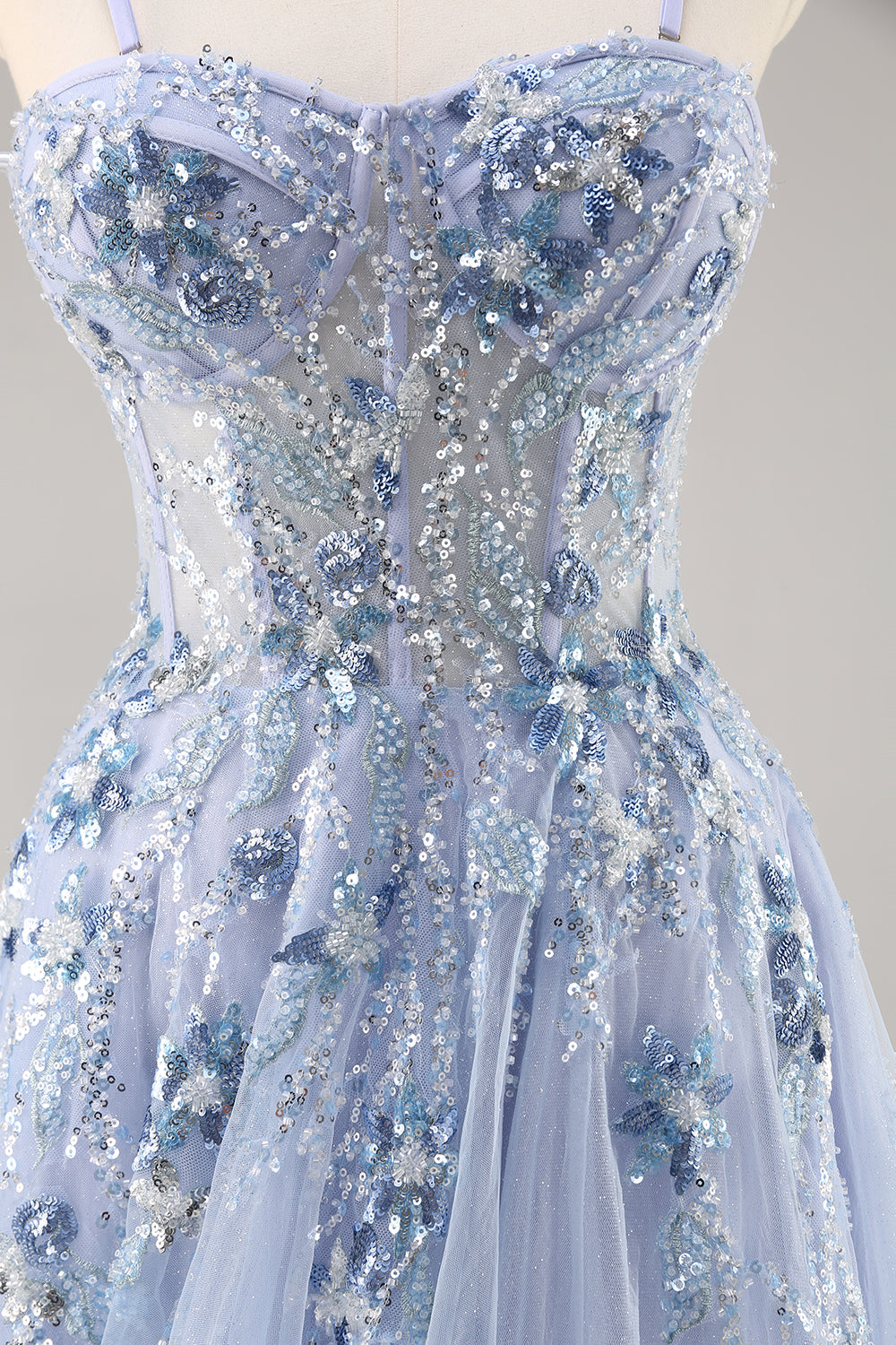 Blue Strapless A Line Sequins Tulle Corset Long Prom Dress With Slit