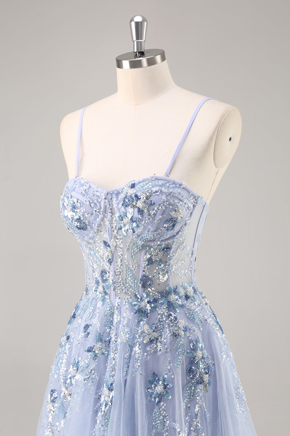Blue Strapless A Line Sequins Tulle Corset Long Prom Dress With Slit