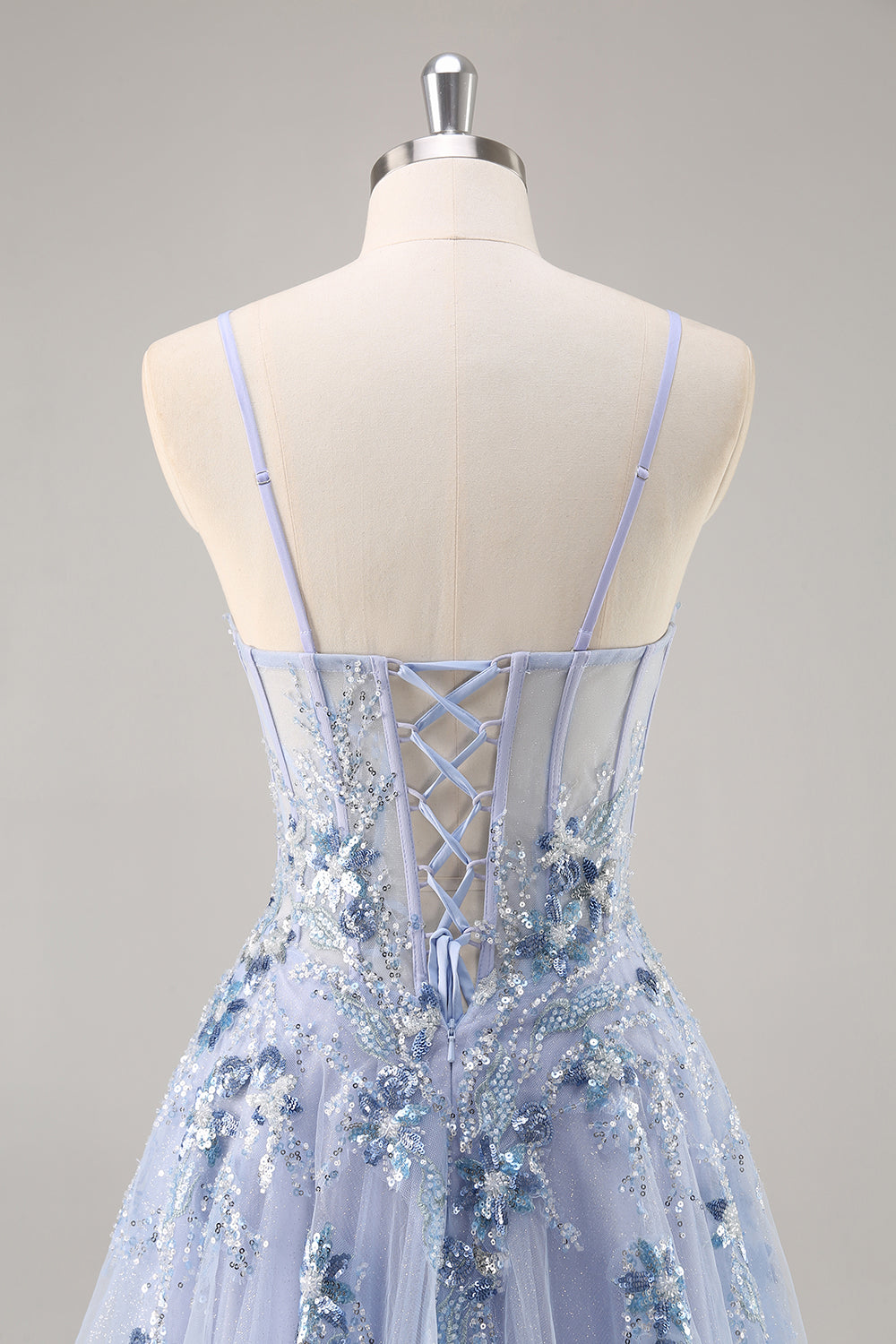 Blue Strapless A Line Sequins Tulle Corset Long Prom Dress With Slit