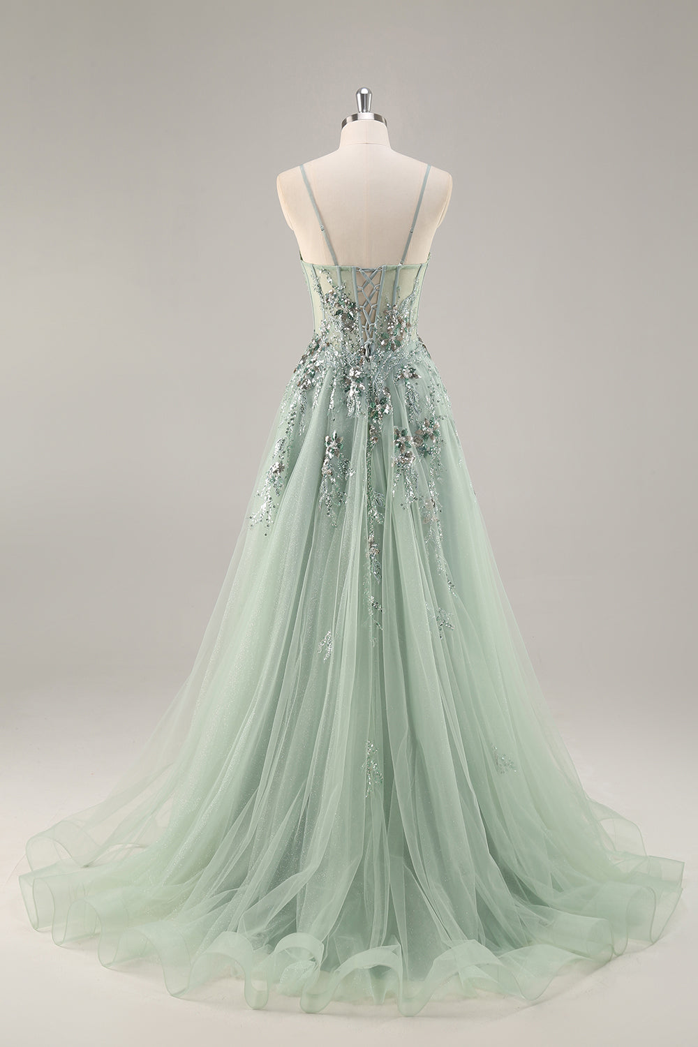 Blue Strapless A Line Sequins Tulle Corset Long Prom Dress With Slit